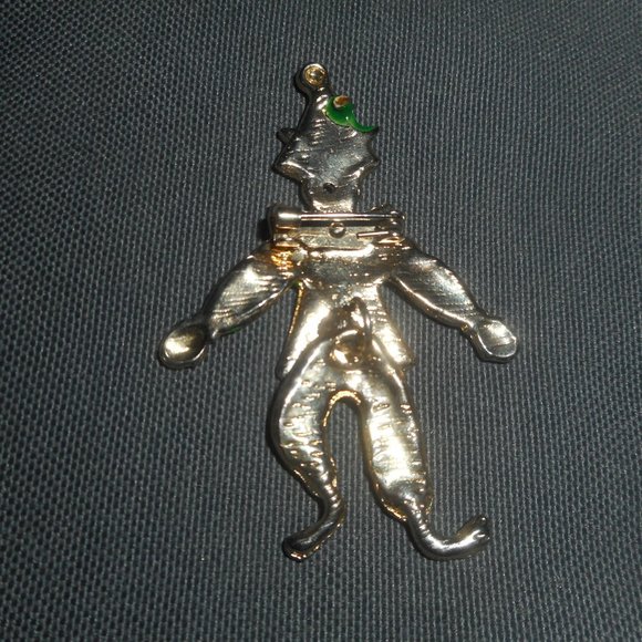Articulated Clown Pin/Brooch, Green Enamel On Gold-Tone Metal, Dangling Legs - Picture 2 of 4